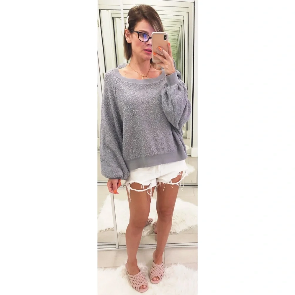 Free People Lavender Gray Textured Cozy Pullover Sweatshirt